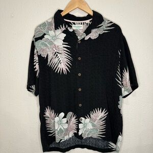 Caribbean Hawaiian Shirt Linen Blend Black w/Light Pink & Green Men’s Size Lg